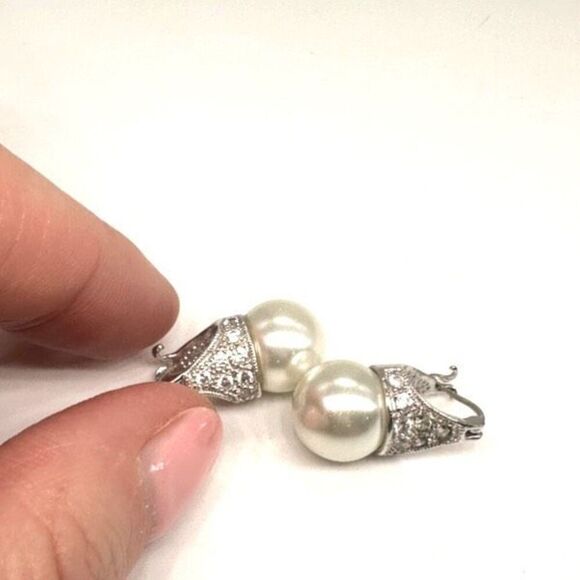 Freshwater Pearl Marcasite Sterling Silver Earrings Pierced Bride Bridal Drop - Picture 3 of 9